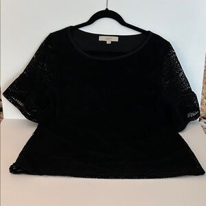 LOFT Black Velvet Top with Lace Short Sleeves